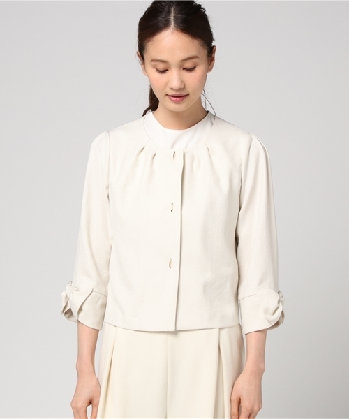 【美品】ローズティアラ ノーカラージャケット リボン袖 ダークネイビー 42 Rose Tiara（ローズティアラ）の「リボン袖ツイルノーカラージャケット