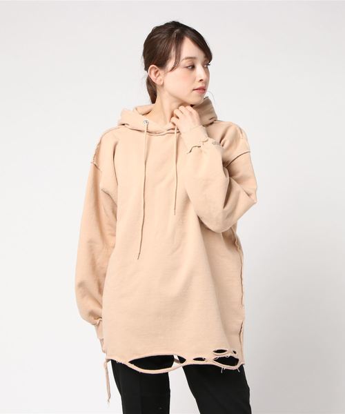 PUNYUS（プニュズ）の「ダメージパーカー（パーカー・レディース・ブラック/カーキ/ベージュ・3/4）」の2枚目の写真