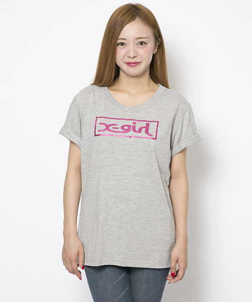 X-girl（エックスガール）の「GLITTER BOX LOGO S/S BIG TEE（Tシャツ/カットソー・レディース・ピンク/ネイビー/ホワイト/ブラック/アッシュ・ONE SIZE）」の6枚目の写真