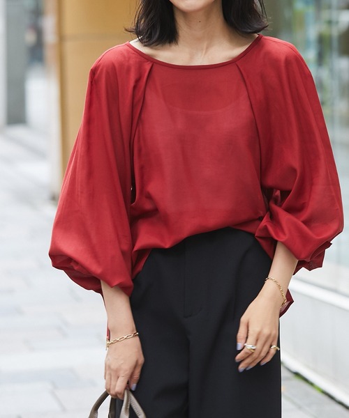 RIVE DROITE（リヴドロワ）の「こなれた雰囲気を演出　コットンジョーゼットランタンスリーブブラウス（シャツ/ブラウス・レディース・オフホワイト/ブラック/レッド・FREE）」の3枚目の写真