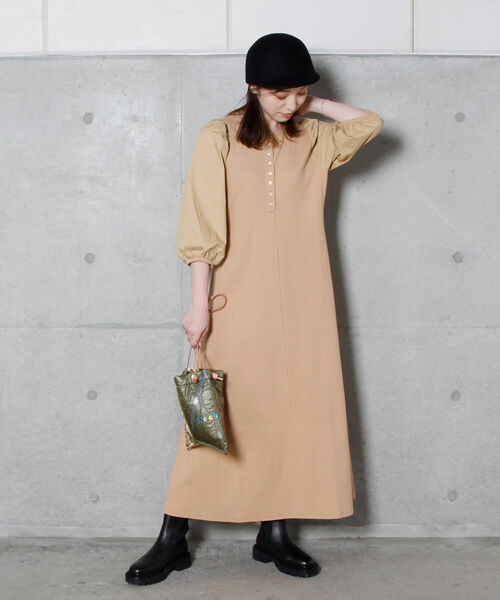 fredy emue(フレディエミュ)の「袖ボリュームドッキングロングワンピース(ワンピース・レディース・ブラック/ベージュ・36/38)」の6枚目の写真