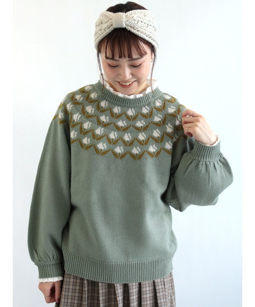 ehka sopo(エヘカソポ)の「チューリップ柄求心ニット(ニット/セーター・レディース・キナリ/パープル/ミント/ベージュ・フリ-)」の4枚目の写真
