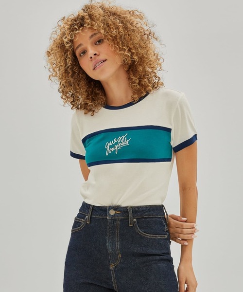 Guess（ゲス）の「GUESS Originals Ringer Baby Tee（Tシャツ/カットソー・レディース・ホワイト/ブルー・SMALL/MEDIUM/X-SMALL）」の2枚目の写真