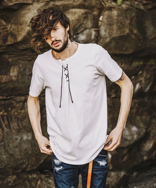 NO ID.(ノーアイディ)の「mt7727- レースアップラウンドT Tシャツ(Tシャツ/カットソー・メンズ・ブラック/ホワイト/カーキ・1/2)」の9枚目の写真