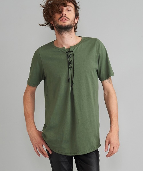 NO ID.(ノーアイディ)の「mt7727- レースアップラウンドT Tシャツ(Tシャツ/カットソー・メンズ・ブラック/ホワイト/カーキ・1/2)」の14枚目の写真