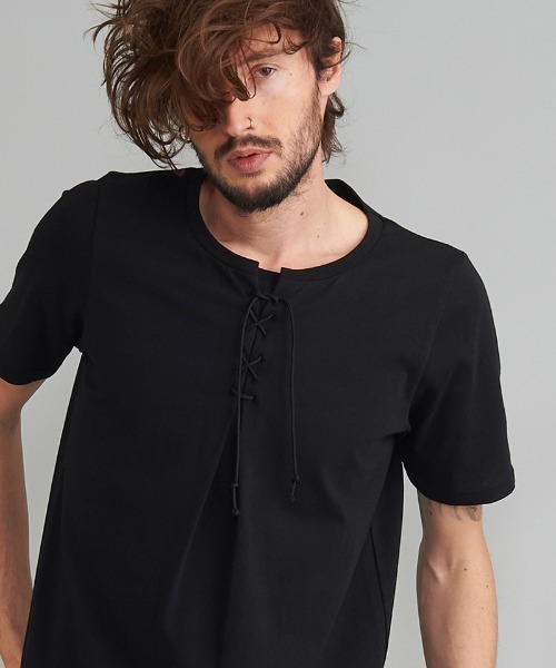 NO ID.(ノーアイディ)の「mt7727- レースアップラウンドT Tシャツ(Tシャツ/カットソー・メンズ・ブラック/ホワイト/カーキ・1/2)」の17枚目の写真