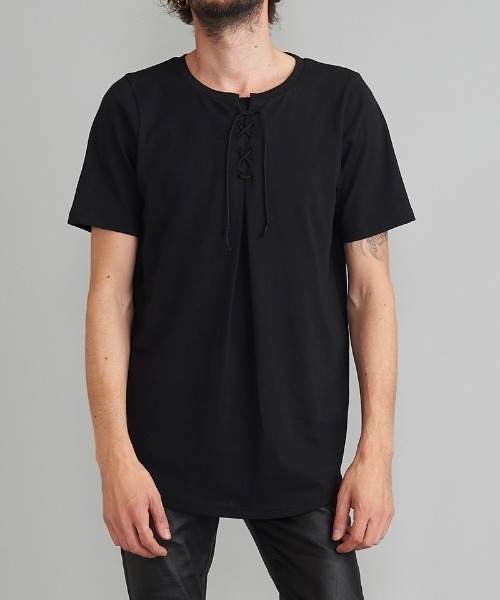 NO ID.(ノーアイディ)の「mt7727- レースアップラウンドT Tシャツ(Tシャツ/カットソー・メンズ・ブラック/ホワイト/カーキ・1/2)」の18枚目の写真