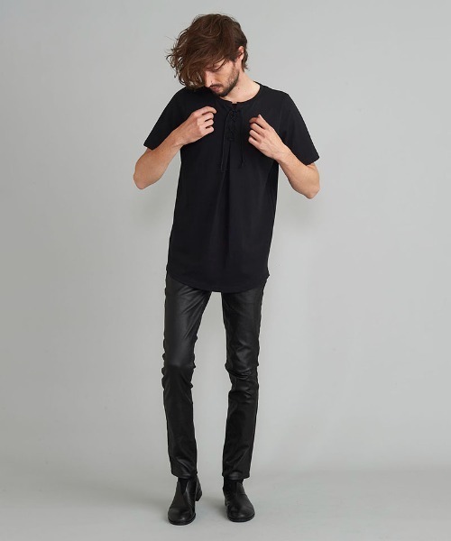 NO ID.(ノーアイディ)の「mt7727- レースアップラウンドT Tシャツ(Tシャツ/カットソー・メンズ・ブラック/ホワイト/カーキ・1/2)」の19枚目の写真