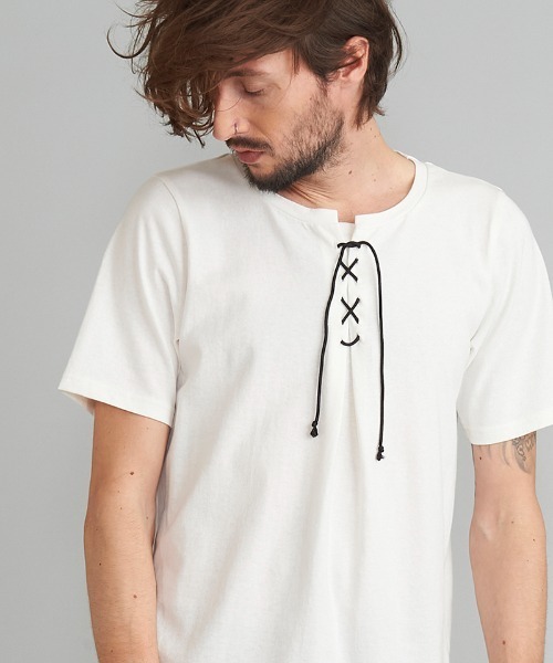 NO ID.(ノーアイディ)の「mt7727- レースアップラウンドT Tシャツ(Tシャツ/カットソー・メンズ・ブラック/ホワイト/カーキ・1/2)」の20枚目の写真