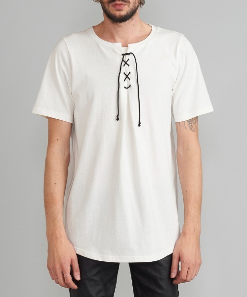 NO ID.(ノーアイディ)の「mt7727- レースアップラウンドT Tシャツ(Tシャツ/カットソー・メンズ・ブラック/ホワイト/カーキ・1/2)」の21枚目の写真