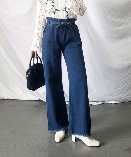 me+em select(ミームセレクト)の「ウエストリボンハイウエストストレートデニムパンツ(デニムパンツ・レディース・ブルー・FREE)」の2枚目の写真