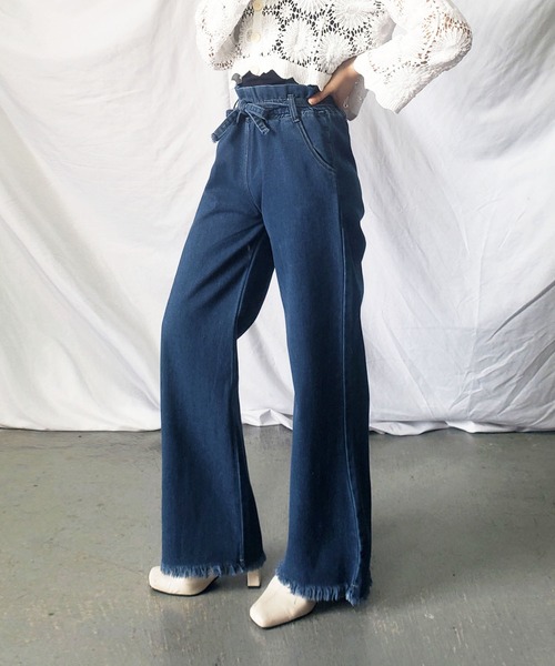 me+em select(ミームセレクト)の「ウエストリボンハイウエストストレートデニムパンツ(デニムパンツ・レディース・ブルー・FREE)」の5枚目の写真