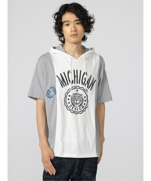 semantic design(セマンティックデザイン)の「セマンティックデザイン 切替カレッジ 半袖ルーズTパーカー(Tシャツ/カットソー・メンズ・ホワイト/サックスブルー・LARGE/X-LARGE/MEDIUM)」の1枚目の写真