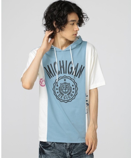 semantic design(セマンティックデザイン)の「セマンティックデザイン 切替カレッジ 半袖ルーズTパーカー(Tシャツ/カットソー・メンズ・ホワイト/サックスブルー・LARGE/X-LARGE/MEDIUM)」の2枚目の写真