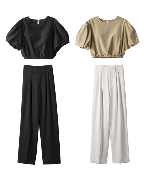 me+em select(ミームセレクト)の「ヘムシャーリングパフスリーブショートブラウス(シャツ/ブラウス・レディース・ブラック/ダークベージュ・FREE)」の4枚目の写真