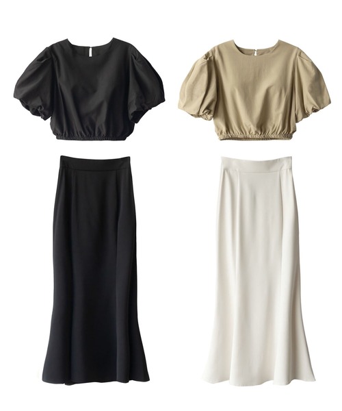 me+em select(ミームセレクト)の「ヘムシャーリングパフスリーブショートブラウス(シャツ/ブラウス・レディース・ブラック/ダークベージュ・FREE)」の5枚目の写真