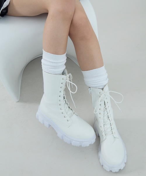 セール】モード感漂うデザイン。レースアップ ミドル丈 厚底ブーツ