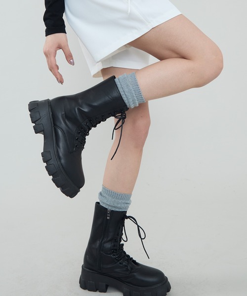セール】モード感漂うデザイン。レースアップ ミドル丈 厚底ブーツ