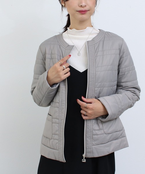 Social GIRL（ソーシャルガール）の「ノーカラーキルティングジャケット（ノーカラージャケット・レディース・ベージュ/ネイビー/グレー・M/L/LL）」の4枚目の写真