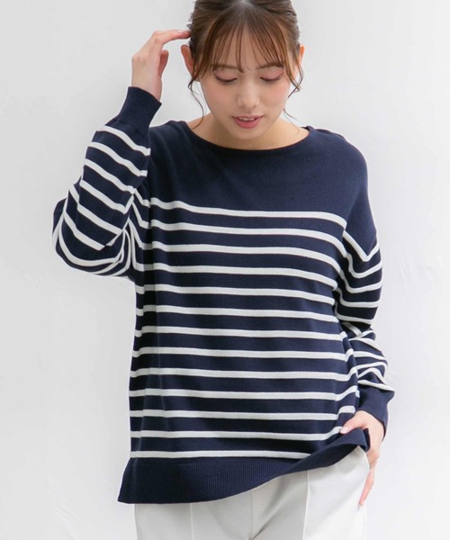 Honeys（ハニーズ）の「ボーダーニット（ニット/セーター・レディース・ホワイト×ブルー/ホワイト×イエロー/ホワイト×ブラック/ホワイト×ピンク/ネイビー×ホワイト/ホワイト系その他・LL/M/S/L）」の6枚目の写真