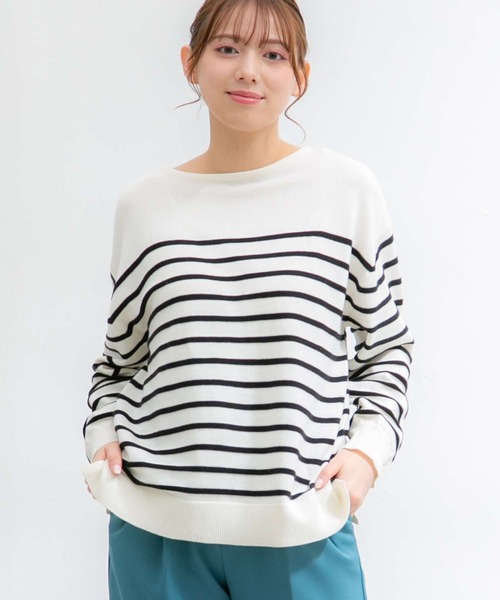 Honeys（ハニーズ）の「ボーダーニット（ニット/セーター・レディース・ホワイト×ブルー/ホワイト×イエロー/ホワイト×ブラック/ホワイト×ピンク/ネイビー×ホワイト/ホワイト系その他・LL/M/S/L）」の2枚目の写真