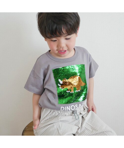 apres les cours（アプレレクール）の「スパンコールきょうりゅう・食べ物Tシャツ（Tシャツ/カットソー・キッズ・オフホワイト/チャコール・80/110/130/100/120/90）」の22枚目の写真