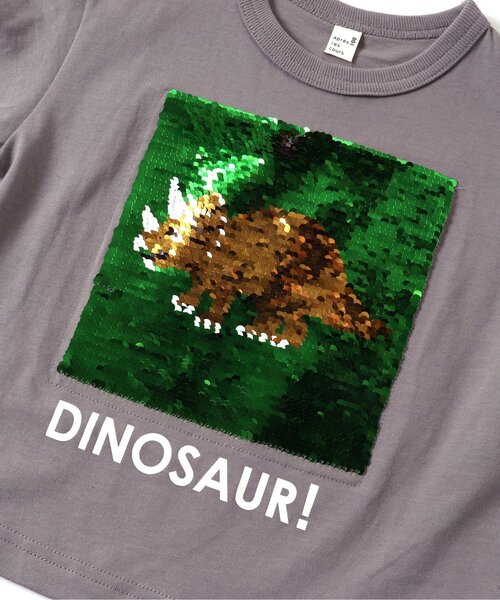 apres les cours（アプレレクール）の「スパンコールきょうりゅう・食べ物Tシャツ（Tシャツ/カットソー・キッズ・オフホワイト/チャコール・80/110/130/100/120/90）」の4枚目の写真