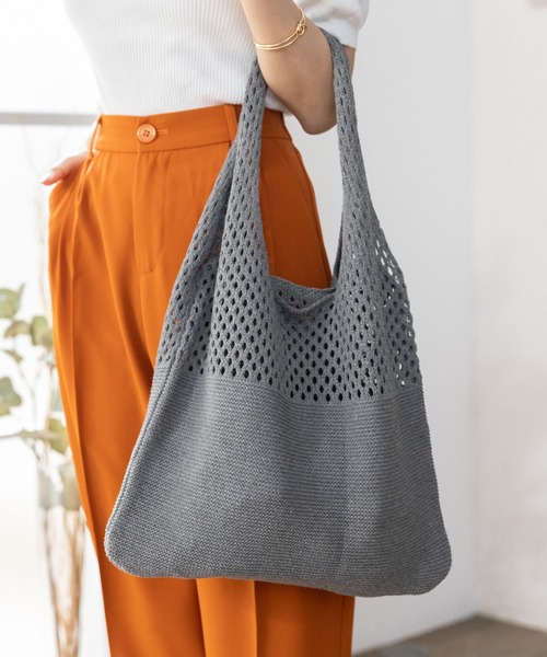 セール】ニット メッシュ デザイン ショルダー バッグ（トート