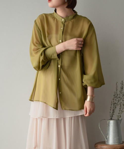 Ambre Ciel（アンブルシエル）の「バンドカラーシアーシャツ／【WEB/EC限定商品】（シャツ/ブラウス・レディース・ブラック/ピンク/オフホワイト/ライトグリーン・FREE）」の3枚目の写真