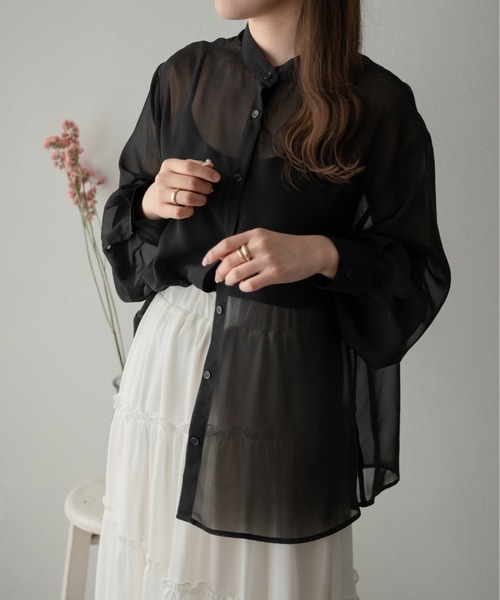 Ambre Ciel（アンブルシエル）の「バンドカラーシアーシャツ／【WEB/EC限定商品】（シャツ/ブラウス・レディース・ブラック/ピンク/オフホワイト/ライトグリーン・FREE）」の2枚目の写真