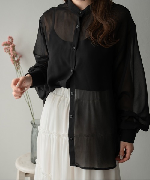 Ambre Ciel（アンブルシエル）の「バンドカラーシアーシャツ／【WEB/EC限定商品】（シャツ/ブラウス・レディース・ブラック/ピンク/オフホワイト/ライトグリーン・FREE）」の10枚目の写真