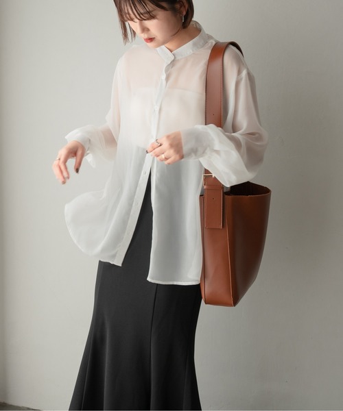 Ambre Ciel（アンブルシエル）の「バンドカラーシアーシャツ／【WEB/EC限定商品】（シャツ/ブラウス・レディース・ブラック/ピンク/オフホワイト/ライトグリーン・FREE）」の17枚目の写真