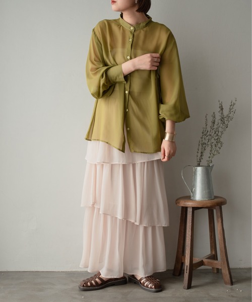 Ambre Ciel（アンブルシエル）の「バンドカラーシアーシャツ／【WEB/EC限定商品】（シャツ/ブラウス・レディース・ブラック/ピンク/オフホワイト/ライトグリーン・FREE）」の13枚目の写真