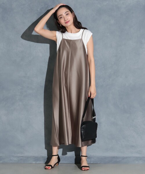 BEAMS HEART（ビームスハート）の「【2点セット】BEAMS HEART / サッカーサテン キャミワンピース×フレンチスリーブTシャツ（ワンピース・レディース・オリーブ/ベージュ/ネイビー・FREE）」の19枚目の写真