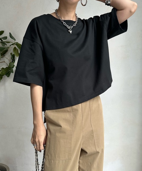 DouDou(ドゥドゥ)の「ショート丈TEE(Tシャツ/カットソー・レディース・ブラック/オフホワイト/オリーブ/レモンイエロー・FREE)」の4枚目の写真