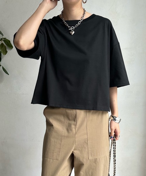 DouDou(ドゥドゥ)の「ショート丈TEE(Tシャツ/カットソー・レディース・ブラック/オフホワイト/オリーブ/レモンイエロー・FREE)」の19枚目の写真