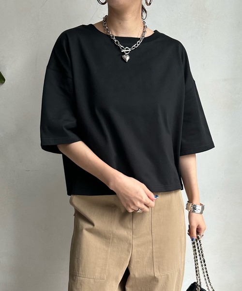 DouDou(ドゥドゥ)の「ショート丈TEE(Tシャツ/カットソー・レディース・ブラック/オフホワイト/オリーブ/レモンイエロー・FREE)」の21枚目の写真