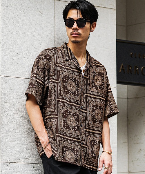 JOKER(ジョーカー)の「【JOKER】オープンカラー半袖総柄シャツ メンズ オーバーサイズ アロハシャツ ルーズ ビッグシルエット 開襟 花柄 ペイズリー柄 バンダナ柄 春服(シャツ/ブラウス・メンズ・ミント/レッド/ブラック/チョコ/アイボリー・M/L/XL)」の4枚目の写真