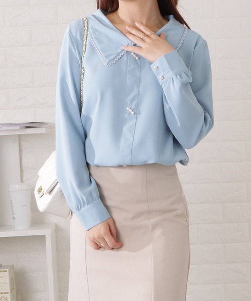 Lace Ladies(レースレディース)の「レースカラーパールボタンブラウス(シャツ/ブラウス・レディース・ブルー/ホワイト・M/XL)」の1枚目の写真