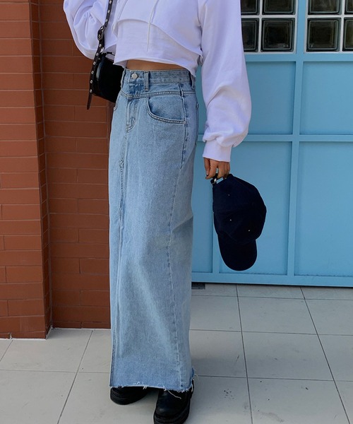 meJane(ミージェーン)の「センタースリットハイウエストデニムロングスカート(デニムスカート・レディース・ブルー・S/M/L)」の3枚目の写真