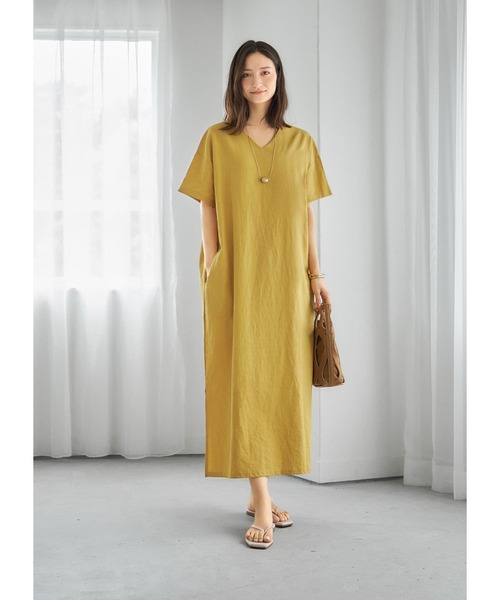 STYLE DELI(スタイルデリ)の「麻混シワ加工リラクシーワンピース(ワンピース・レディース・ブラック/ベージュ/イエロー系・FREE)」の3枚目の写真