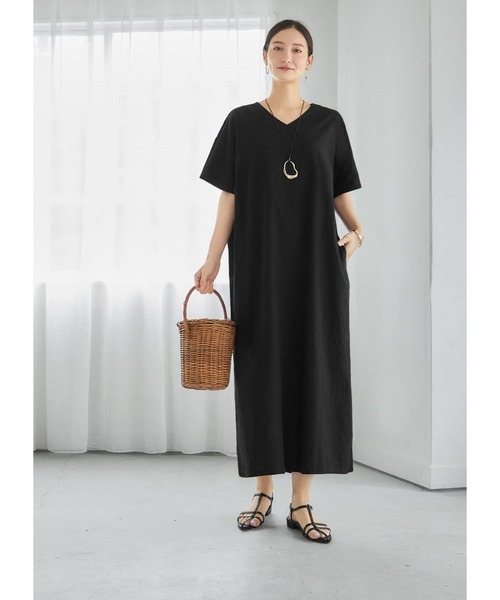 STYLE DELI(スタイルデリ)の「麻混シワ加工リラクシーワンピース(ワンピース・レディース・ブラック/ベージュ/イエロー系・FREE)」の2枚目の写真