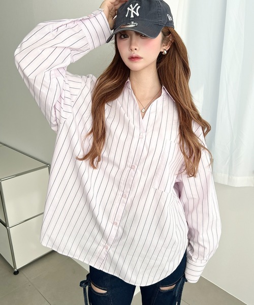 moment+(モーメントプラス)の「マルチストライプ後ろ編み上げ長袖シャツ(シャツ/ブラウス・レディース・サックスブルー/イエロー/ピンク・M/L)」の3枚目の写真