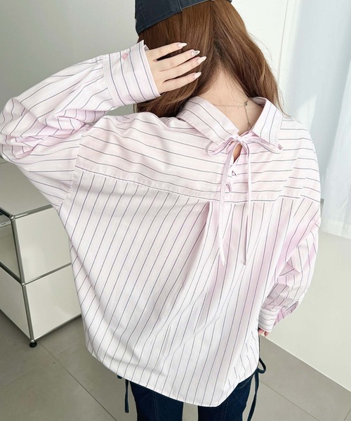 moment+(モーメントプラス)の「マルチストライプ後ろ編み上げ長袖シャツ(シャツ/ブラウス・レディース・サックスブルー/イエロー/ピンク・M/L)」の10枚目の写真
