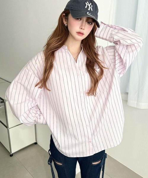 moment+(モーメントプラス)の「マルチストライプ後ろ編み上げ長袖シャツ(シャツ/ブラウス・レディース・サックスブルー/イエロー/ピンク・M/L)」の6枚目の写真