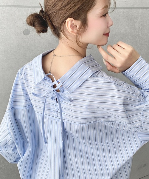 moment+(モーメントプラス)の「マルチストライプ後ろ編み上げ長袖シャツ(シャツ/ブラウス・レディース・サックスブルー/イエロー/ピンク・M/L)」の15枚目の写真