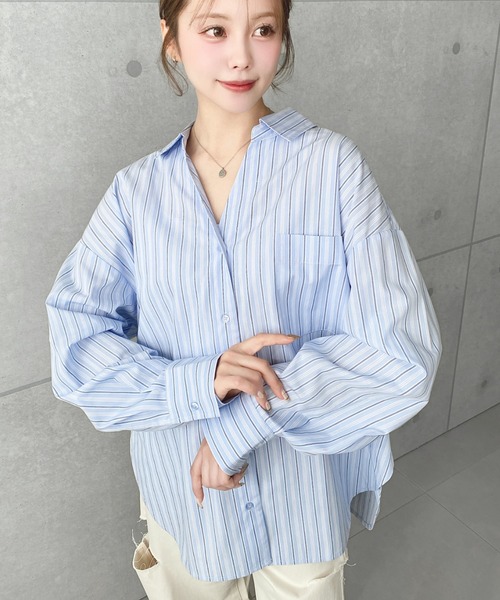 moment+(モーメントプラス)の「マルチストライプ後ろ編み上げ長袖シャツ(シャツ/ブラウス・レディース・サックスブルー/イエロー/ピンク・M/L)」の17枚目の写真