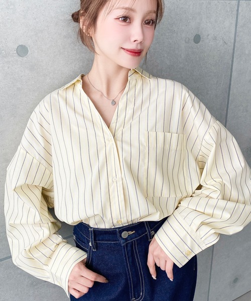 moment+(モーメントプラス)の「マルチストライプ後ろ編み上げ長袖シャツ(シャツ/ブラウス・レディース・サックスブルー/イエロー/ピンク・M/L)」の5枚目の写真