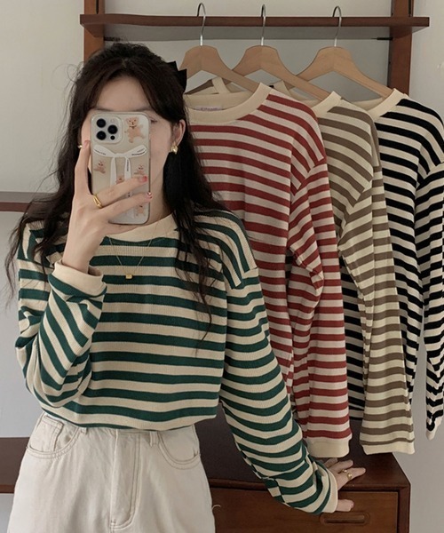 NANEA（ナネア）の「ボーダー　長袖トップス（ニット/セーター・レディース・ベージュ/レッド/グリーン/ブラック・フリー）」の8枚目の写真