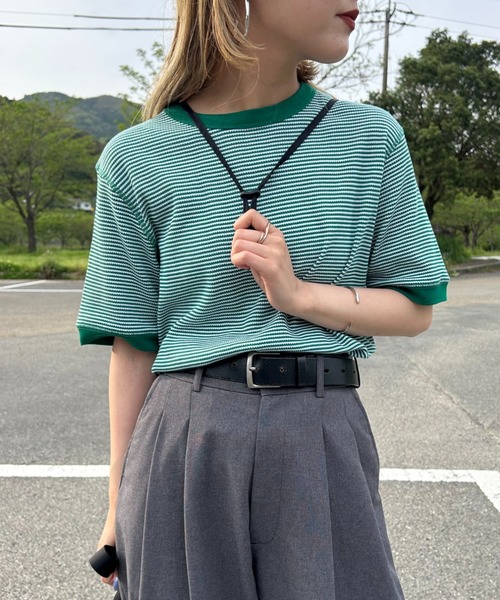 Healthknit（ヘルスニット）の「[HEALTHKNIT/ヘルスニット] 別注 クルーネック ワッフル ショートスリーブカットソー（Tシャツ/カットソー・レディース・ホワイト/グリーン/レッド/ブラック・F）」の2枚目の写真